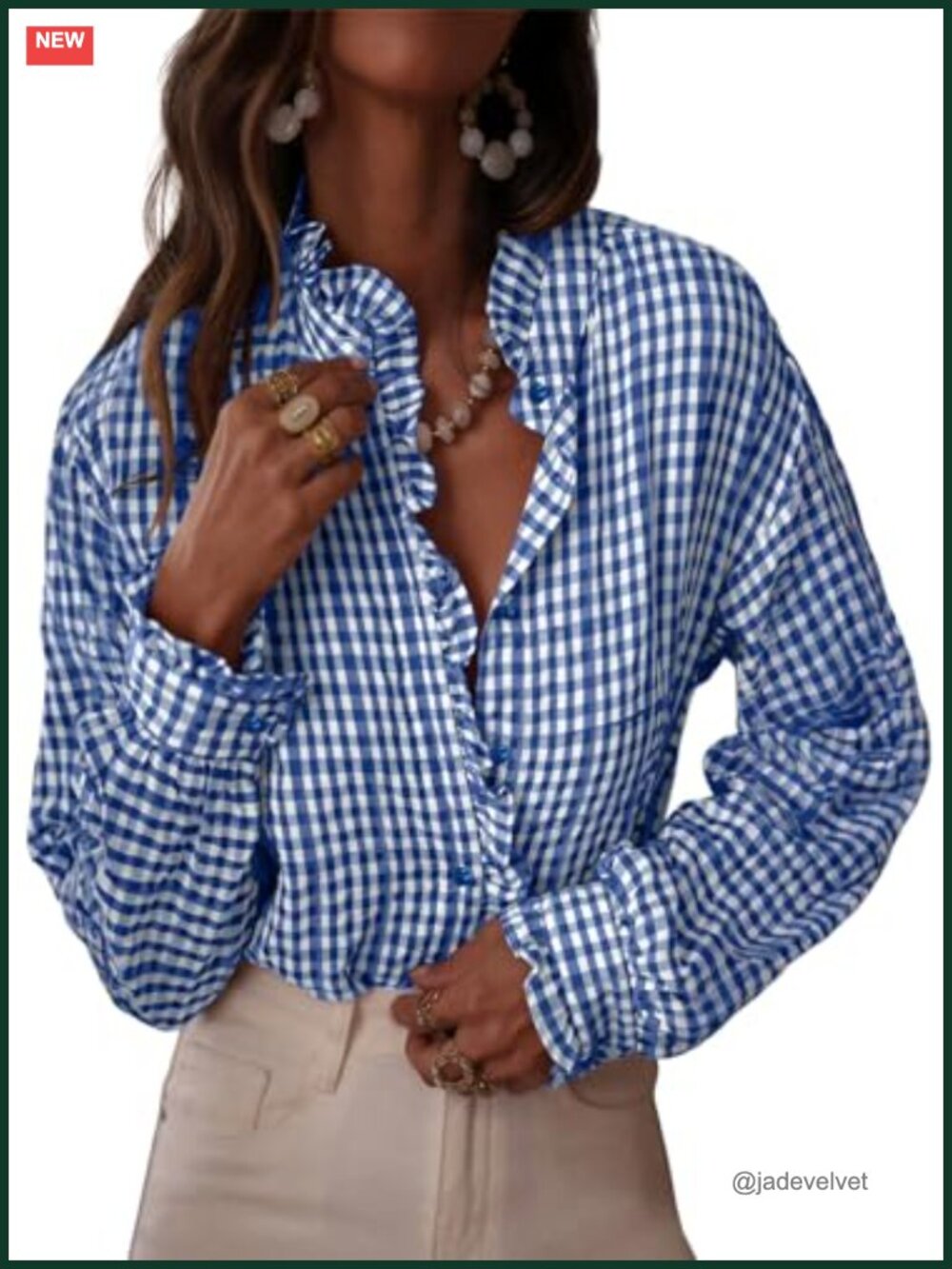 Womens Plaid Ruffle V Neck Button Down Blouse Gingham Shirt